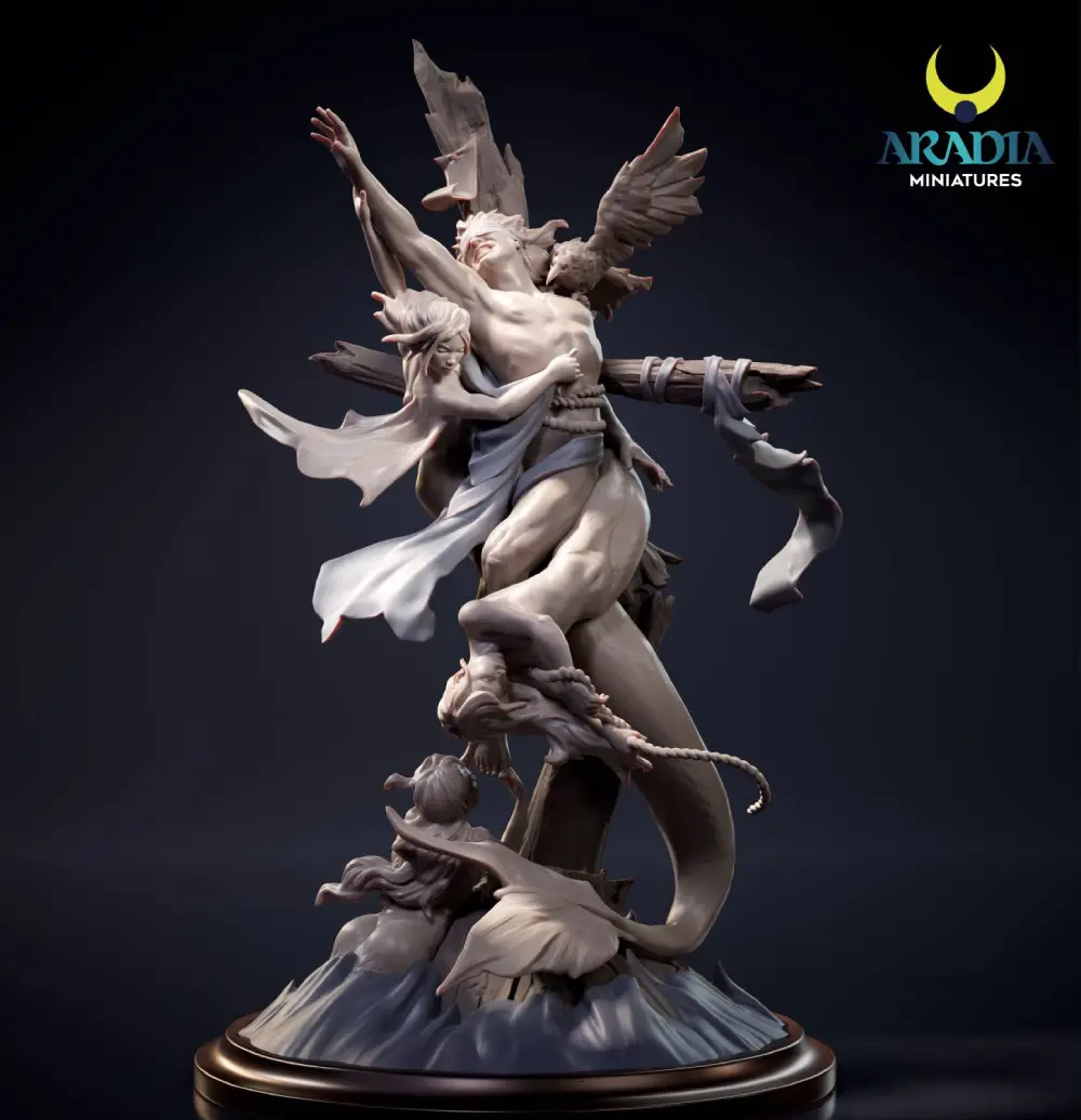 Front view of the Ulysses: The Mad Flight 75mm miniature: the blindfolded hero pulled skyward by sirens, bound to the broken mast
