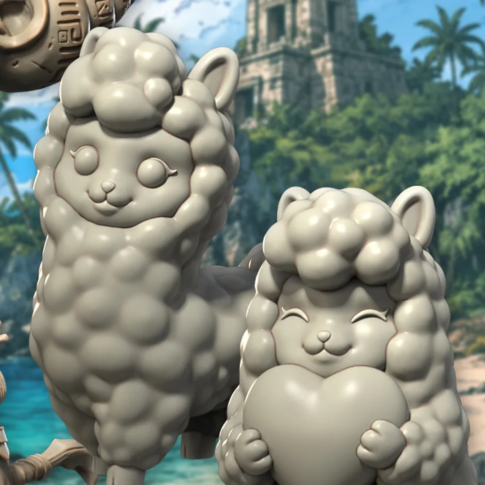 Two chibi alpaca miniatures from the September 2026 Aradia release, one standing and one sitting while holding a heart