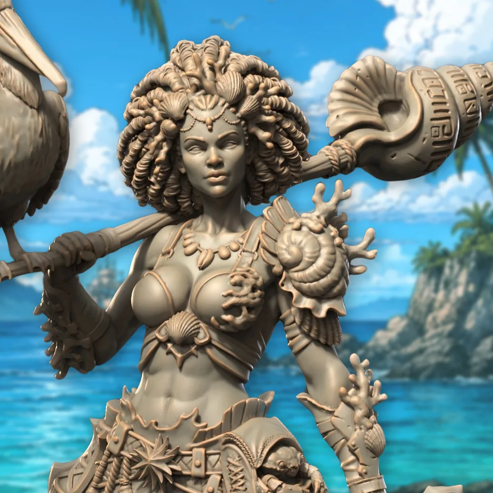Close up of the sea warden 75mm miniature showing the sculpted curls, shell headpiece, coral jewellery and carved conch