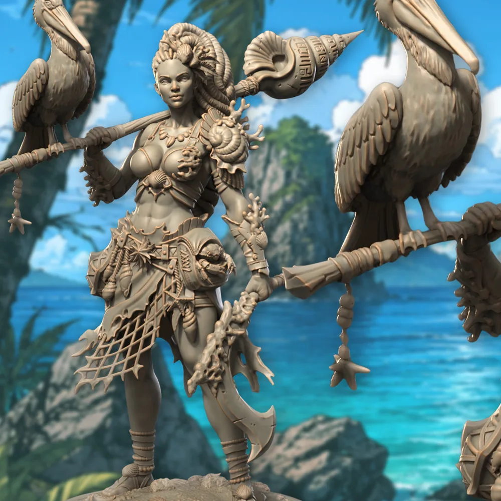 Full body view of the 75mm sea warden miniature holding a conch spear with a pelican perched on it, wearing coral armour and a fishing net skirt