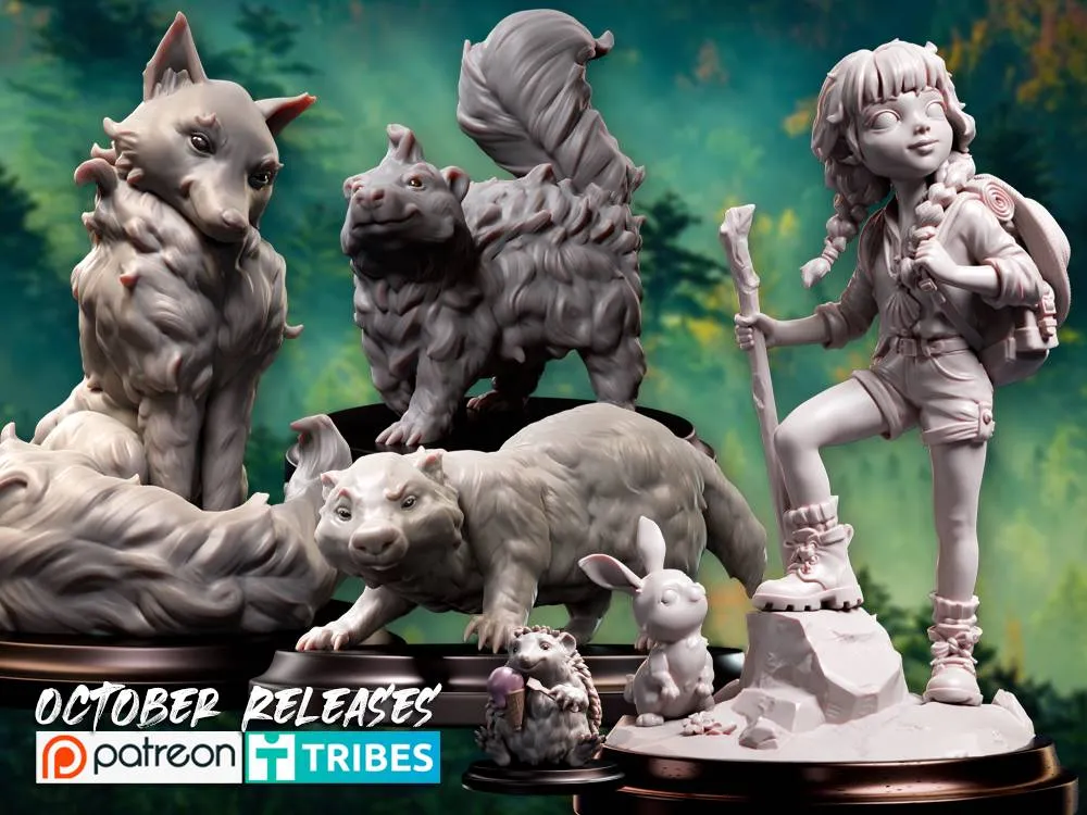 Three animal miniatures from the October 2026 Aradia release: a sitting fox with a large curled tail, a fluffy beast with a raised bushy tail, and a stocky badger-like animal with thick fur