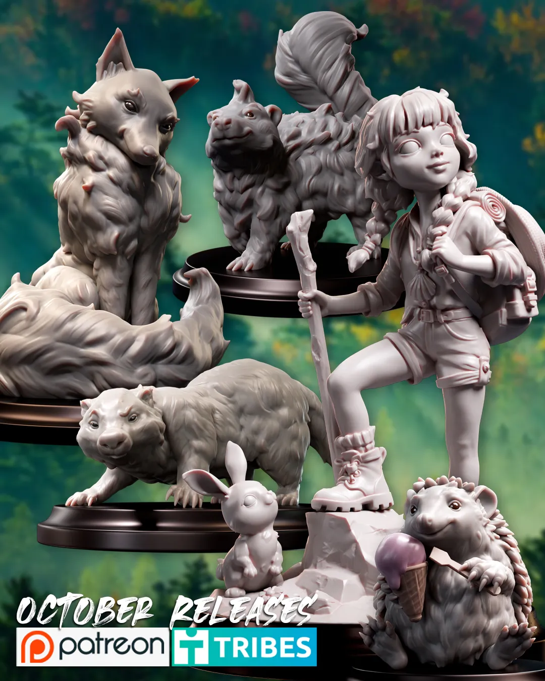 Full body view of the October 2026 trail guide miniature: a smiling girl with braids, a backpack with a bedroll, a straw hat and a wooden staff, standing on a rock with a rabbit at her feet