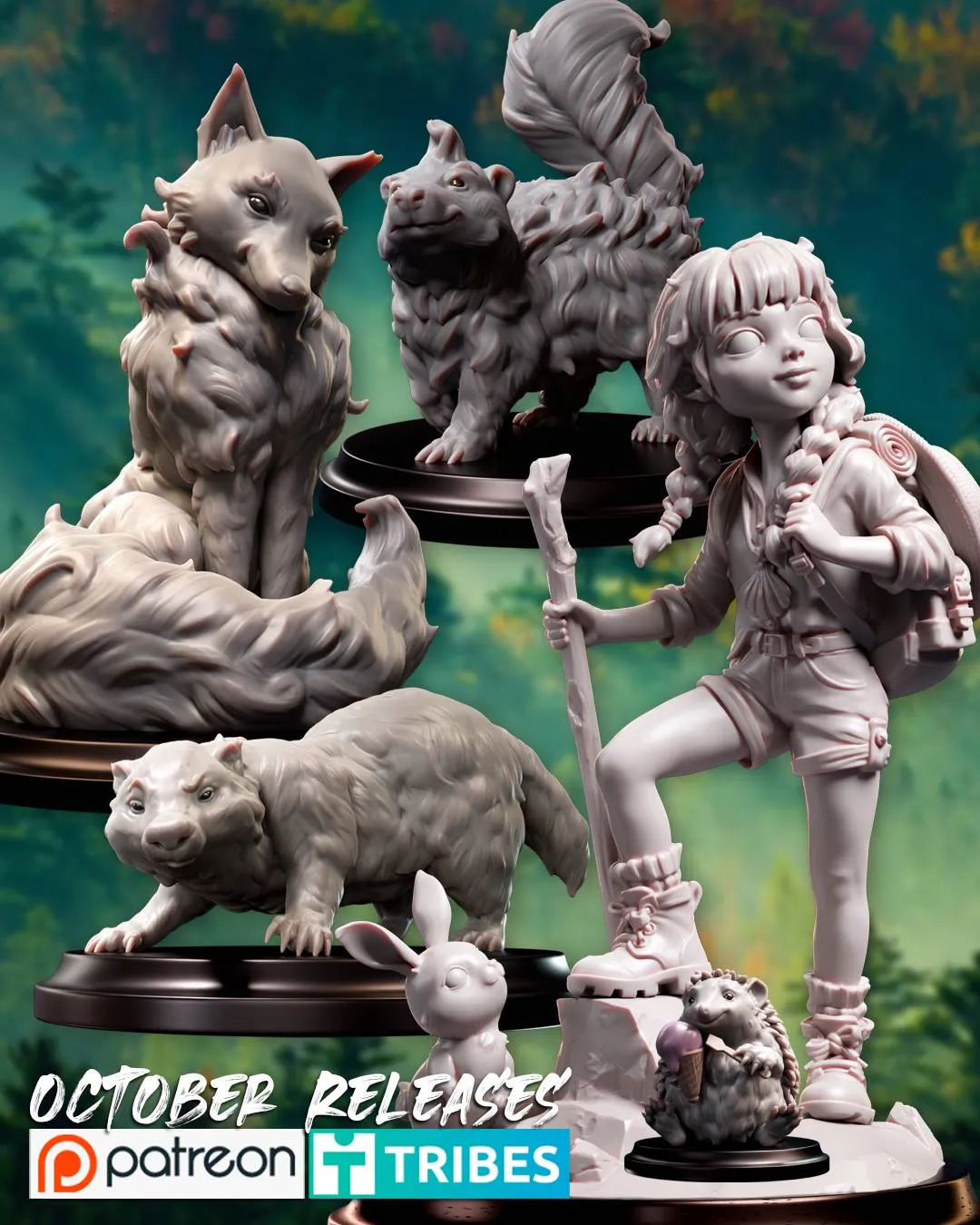 Close view of the October 2026 trail guide miniature with a small rabbit and a hedgehog holding an ice cream cone on a rocky base